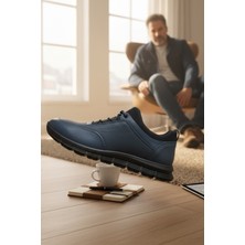 Enoch Hakiki Deri Lacivert Lastikli Erkek Sneaker Ortopedik Taban
