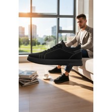 Enoch Hakiki Deri Siyah Süvet Dikişli Erkek Sneaker Ortopedik Taban