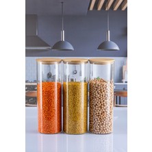 Özbience 3'lü 1800 ml Bambu Kapaklı Lüks Yuvarlak Bakliyat Seti