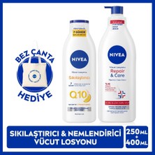 Nivea Q10 Sıkılaştırıcı Vücut Losyonu 250ML ve Repair Care Nemlendirici Losyon 400ML, Kuru Cilt, Çantalı