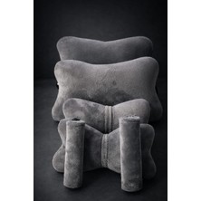 Autosar Gri Peluş Kumaş Oto Boyun Yastığı+Bel Yastığı+Emniyet Kemer Pedi