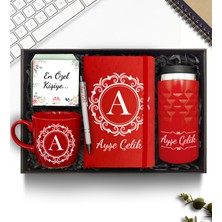 As Gift Kişiye Özel Kırmızı 300 ml Kristal Termos & Defter & Kupa & Kalem Hediye Seti
