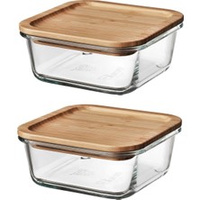 Özbience 2'li Bambu Kapaklı Cam Saklama Kabı, Kare, 15 Cm, 600 ml