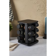 Özbience Siyah Döner Standlı Kare Cam Baharatlık Seti 12'li Kapaklı