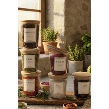 Özbience 6'lı Bambu Kapaklı Cam Saklama Kabı Seti, Baharatlık ve Etiket Hediyeli