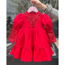 Bertuğ Bebek Dantel ve Pul Payet Detaylı Krep Kız Çocuk Bebek Abiye Kırmızı Mevlüt Bayram Elbise