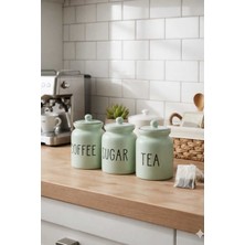 Özbience 3'lü Seramik Kavanoz Seti, Çay, Kahve, Şeker, Yeşil, Kapaklı