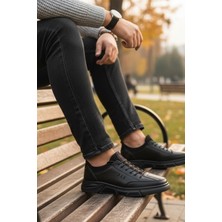 Enoch Hakiki Deri Siyah Üçlü Çizgi Detaylı Erkek Sneaker Ortopedik Taban