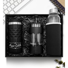 As Gift Kişiye Özel Siyah 300 ml Kristal Termos & French Press & Cam Suluk Hediye Seti