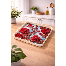 Blackstar Kırmızı Çiçek Desenli Servis Tepsisi Kare Büyük Boy
