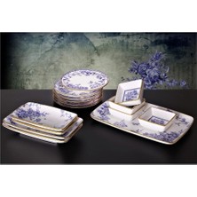 Özbience 15 Parça Mavi Seramik Kahvaltı Tabağı Takımı Seti, Şık ve Dayanıklı