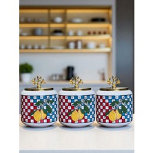 Özbience 3’lü Oval Büyük Baharatlık Seti, Çay, Kahve, Şeker, Damalı Limon Desenli, Gold