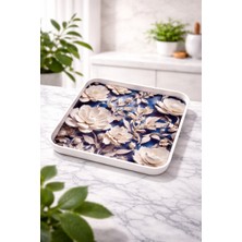Blackstar Beyaz Çiçek Desenli Servis Tepsisi Kare Büyük Boy