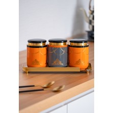 Özbience 3’lü Porselen Baharatlık ve Cam Tepsili Çay Şeker Tuz Seti