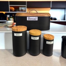 Özbience 4'lü Metal Kavanoz Set, Ekmeklik, Sugar, Tea, Coffee, Siyah