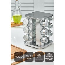 Özbience Dönebilen 12'li Cam Baharat Seti, Paslanmaz Standlı, Şık ve Pratik Kullanım