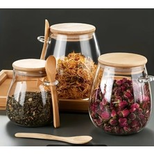 Özbience 3'lü Borosilikat Cam Baharatlık Seti, Bambu Kapak, 350/600/1000 ml
