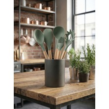 Tiran Natura Serisi 5 Parça Ahşap Saplı Isıya Dayanıklı Yanmaz Yapışmaz Yeşil Silikon Mutfak Servis Seti