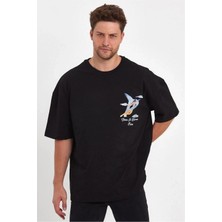 Erkek Melek Baskılı Oversize T-Shirt - Siyah