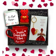 As Gift Sevgililer Günü Temalı Kişiye Özel Kırmızı Kupa & Ayıcık Mum & Kalpli Kırmızı Anahtarlık Hediye Seti