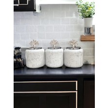 Özbience Büyük 3'lü Beyaz Mermer Desenli Baharatlık Set, 1.4 Litre Hacim