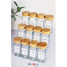 Özbience 12’li Bambu Kapaklı Kare Cam Baharatlık Seti ve Etiketleri