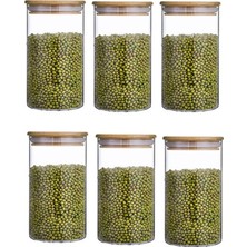 Özbience 6'lı Set 1000 ml Bambu Kapaklı Vakumlu Borosilikat Cam Kavanozlar