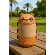 Özbience 4 Bölmeli Akrilik Ayıcıklı Beslenme Kutusu ve Çanta Kulplu