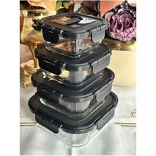 Özbience Çok Amaçlı Borosilikat Cam Kare Saklama Kabı Seti - Siyah, Dayanıklı ve Şık