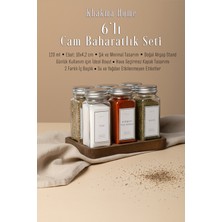 Özbience Şık Ahşap Dörtgen Standlı 6'lı Cam Baharatlık Seti, 120 Ml, Gümüş Kapak