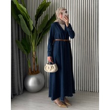 Molly Nelly Kadın V Yaka Pile Detaylı Oversize Kot Tesettür Elbise