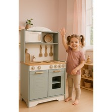 PremiumPort Ahşap Mutfak Oyuncak Seti, 12 Parça Aksesuar, LED Işıklı, Demonte Paket