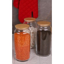 Özbience 3'lü Cam Saklama Kabı Seti, 1300ML, Vakumlu Bambu Kapaklı