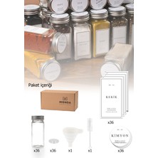 Özbience Şeffaf Cam Baharatlık Seti 36 Parça Beyaz Etiketli, Hediye Fırça ve Huni