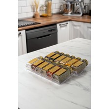 Özbience Şeffaf Pleksi Baharatlık Seti 12'li Gold Kapak ve Etiketli Cam Baharatlık