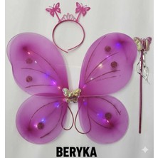 PremiumPort Mor LED Işıklı Kelebek Kostüm Seti, Taç ve Değnekli, Çocuklar Için