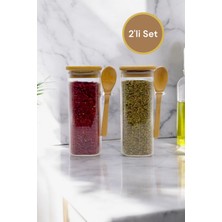 Özbience Bambu Kapaklı Cam Kavanoz Seti 2'li 400ML Baharat ve Erzak Saklama
