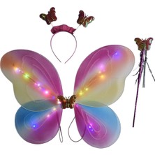 PremiumPort Renkli LED Işıklı Gökkuşağı Kanat Kostüm Seti ve Taç, Asa Hediyeli