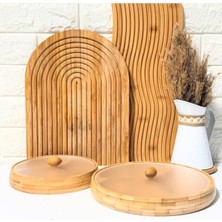 Özbience Bambu 2'li Yuvarlak Bölmeli Sunum Tabağı, Cam Kapaklı, 19X19 ve 24X24 cm