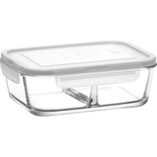 Lav Fresco Cam Bölmeli Saklama Kabı Tekli Büyük Boy 1100 ml Dikdörtgen Beyaz Kilitli Kapak