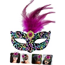 Ett Siyah Kadife Üzeri Rengarenk Payetli Pullu Pembe Tüylü Pembe Taşlı Parti Maskesi 19X21 cm