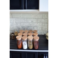 Özbience 12'li 300 ml Ahşap Kapaklı Vakumlu Baharatlık Seti, Şeffaf Etiketli