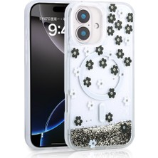 iPhone 16 Uyumlu Kılıf Sıvılı Simli Baskılı Şeffaf Arka Yüzey Sbt Mossa Silikon Kapak-Siyah