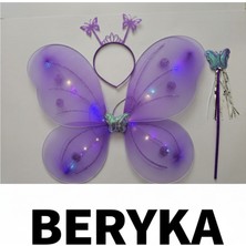 PremiumPort Lila Renk LED Işıklı Kelebek Kanat Seti, Taç ve Değnekli, Kız Çocuk Kostümü