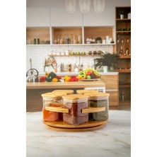 Özbience Döner Bambu Stantlı Kare Kavanozlar, 6 Parça, Şık ve Dayanıklı Set