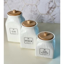 Özbience 3 Boy Bambu Kapaklı Porselen Çay Şeker Kahve Saklama Seti