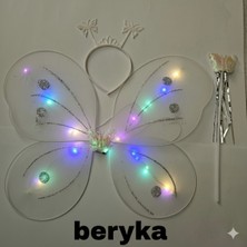 PremiumPort Beyaz LED Işıklı Kelebek Kanat Seti, Taç ve Değnekli, 2-10 Yaş Kız Çocuk Kostümü