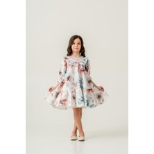 Gocoland Çiçek Desenli Valonlu Kristal Kolyeli Kız  Çocuk Saten Abiye Elbise