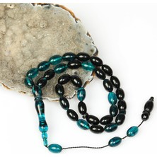 Taş Sandığı Turkuaz Rengi-Siyah Sıkma Kehribar Tesbih (7×11 Mm)