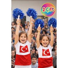 Toyfest Ponpon Metalik Parlak Saks Mavi Amigo Sopalı Dayanıklı Hafif Tezahürat Ponponu 2 Çift